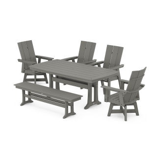 POLYWOOD Modern Curveback Adirondack Swivel Chair 6-Piece Dining Set with Trestle Legs and Bench