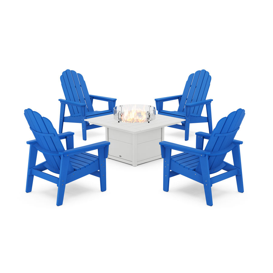 POLYWOOD 5-Piece Vineyard Grand Upright Adirondack Conversation Set with Fire Pit Table in Pacific Blue / White