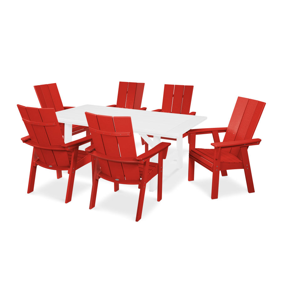 POLYWOOD Modern Adirondack 7-Piece Rustic Farmhouse Dining Set in Sunset Red / White