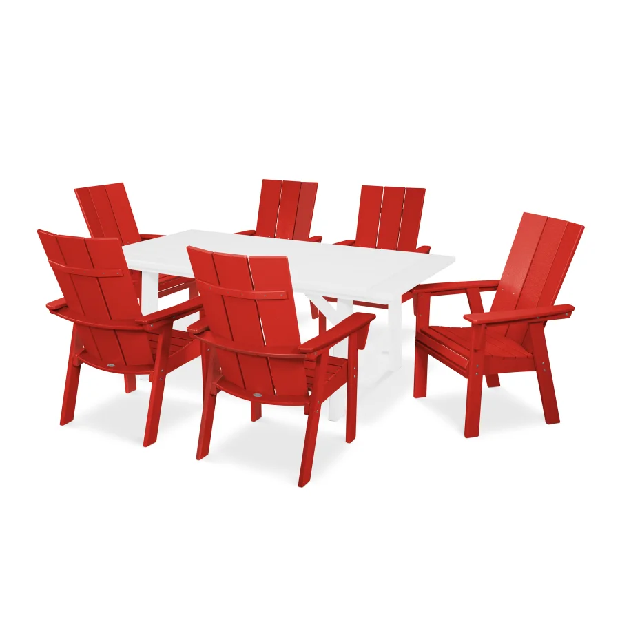 POLYWOOD Modern Adirondack 7-Piece Rustic Farmhouse Dining Set in Sunset Red / White