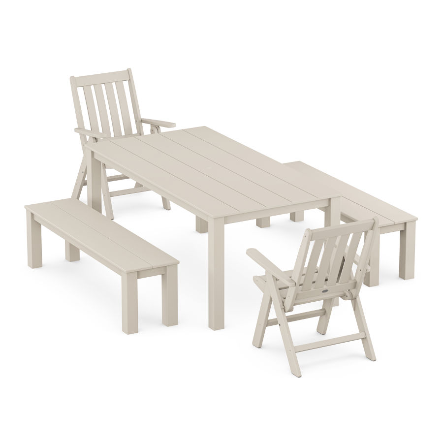 POLYWOOD Vineyard Folding Chair 5-Piece Parsons Dining Set with Benches in Sand