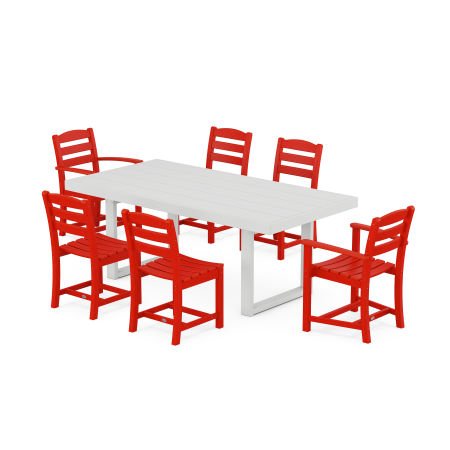 La Casa Café 7-Piece Dining Set with Trestle Legs in Sunset Red / White
