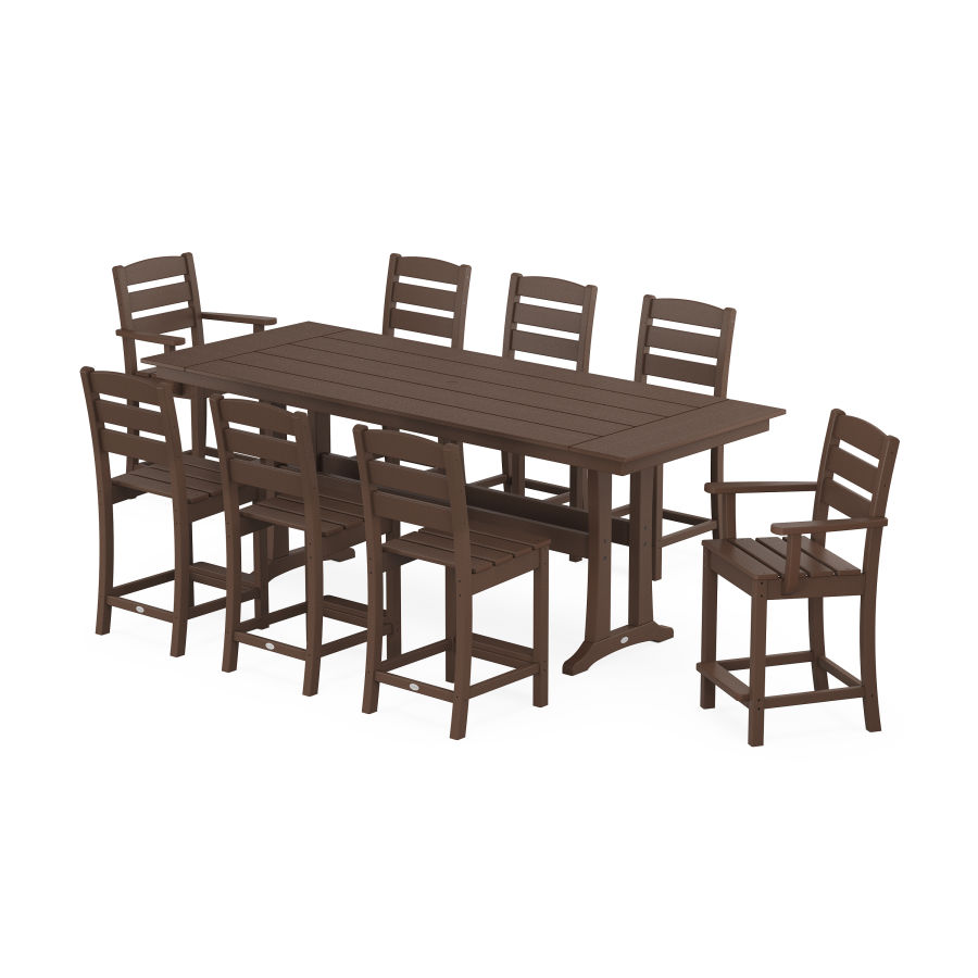 POLYWOOD Lakeside 9-Piece Farmhouse Counter Set with Trestle Legs in Mahogany