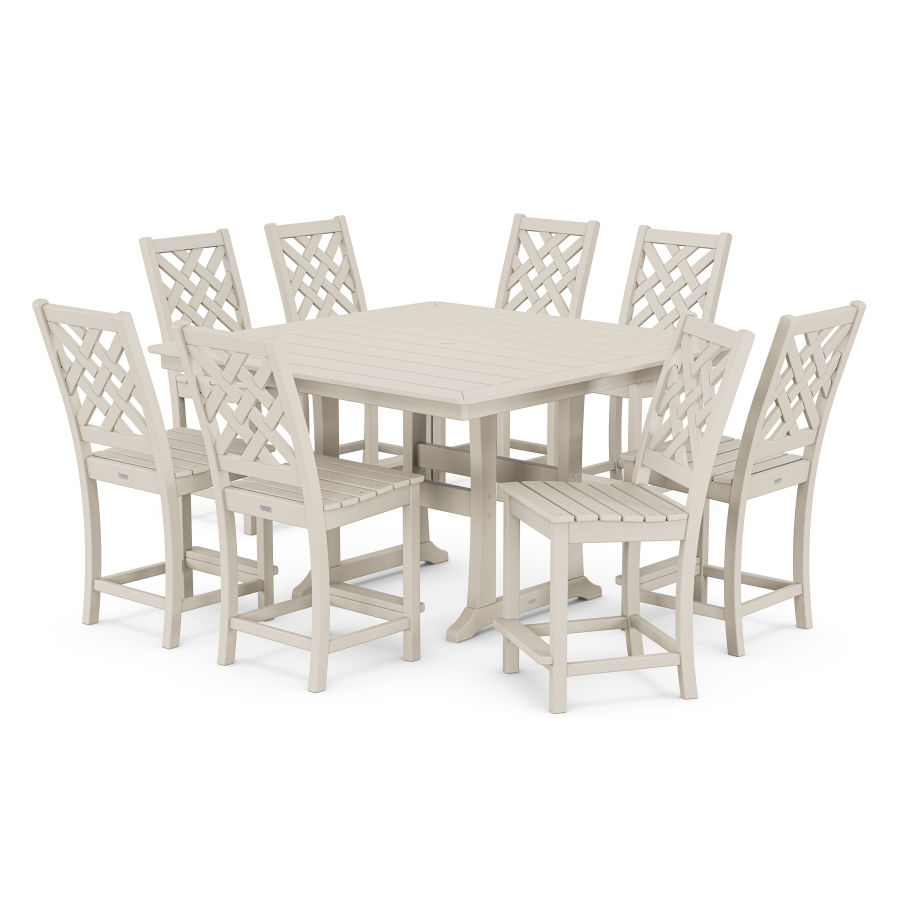 POLYWOOD Wovendale Side Chair 9-Piece Square Counter Set with Trestle Legs in Sand