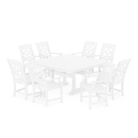 Chinoiserie 9-Piece Square Dining Set with Trestle Legs in White