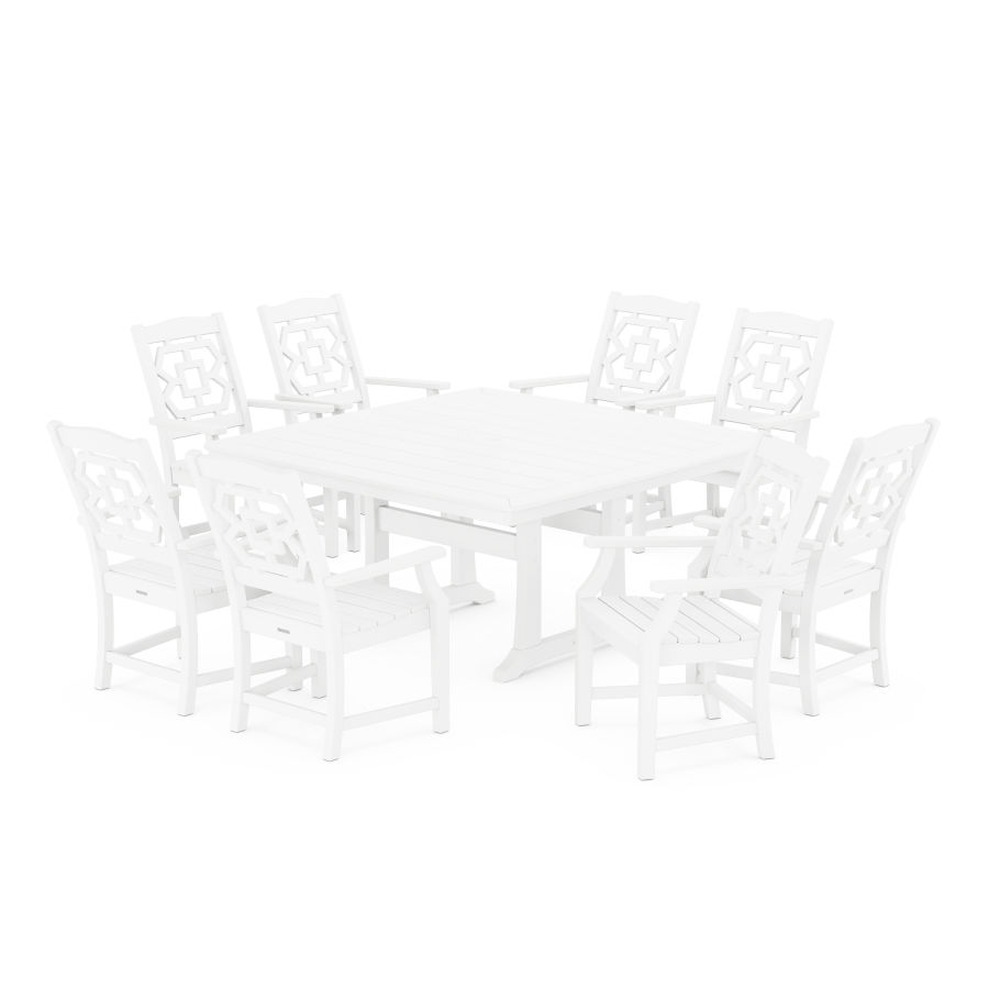 POLYWOOD Chinoiserie 9-Piece Square Dining Set with Trestle Legs in White