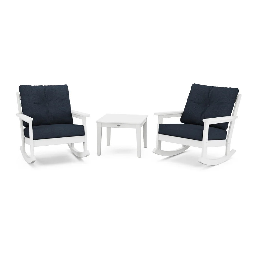 POLYWOOD Vineyard 3-Piece Deep Seating Rocker Set in White / Marine Indigo