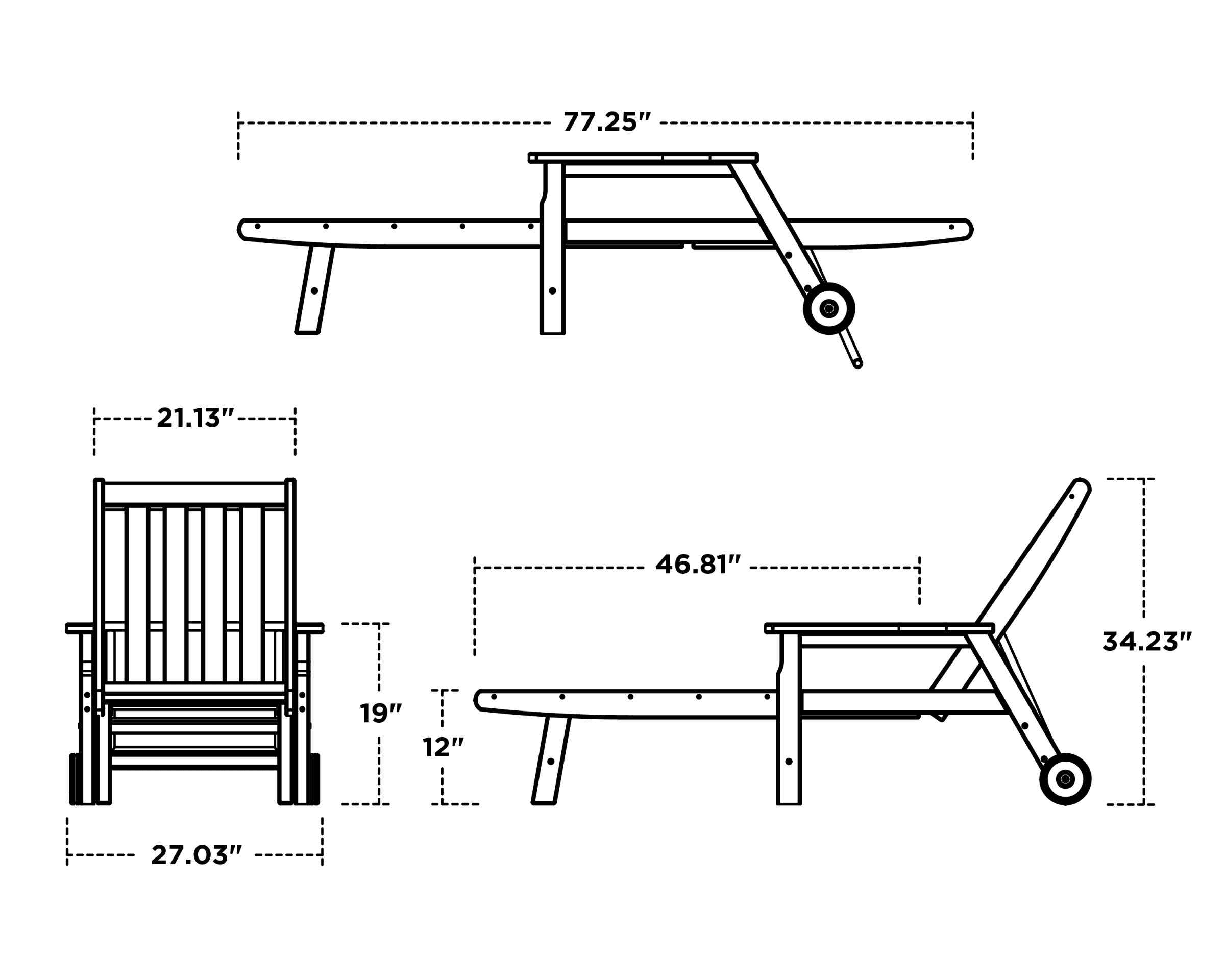 Dimensions for Vineyard Chaise with Arms and Wheels