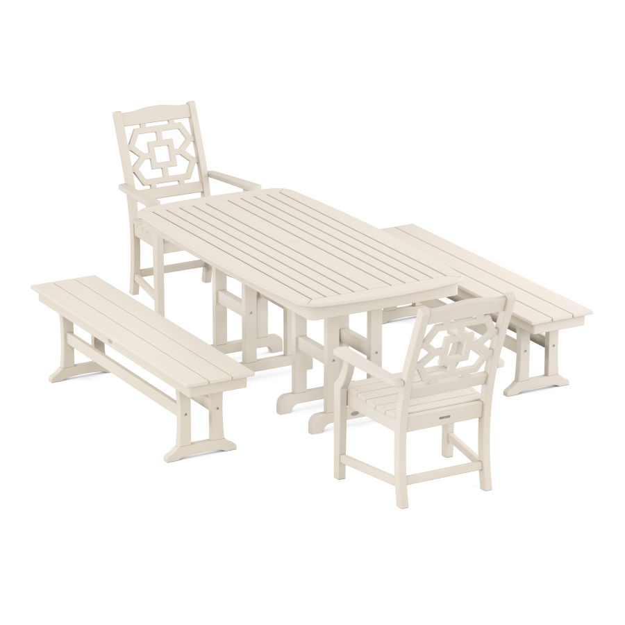 POLYWOOD Chinoiserie 5-Piece Dining Set with Benches in Sand