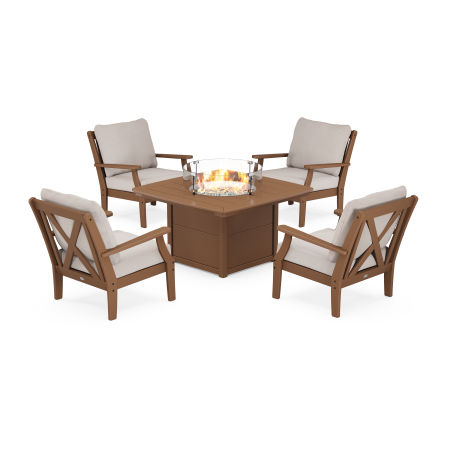 Braxton 5-Piece Deep Seating Conversation Set with Fire Pit Table in Teak / Dune Burlap