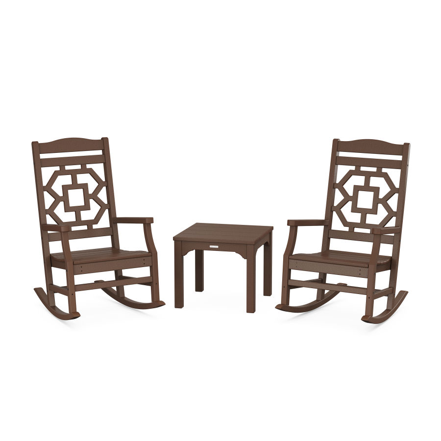 POLYWOOD Chinoiserie 3-Piece Rocking Chair Set in Mahogany