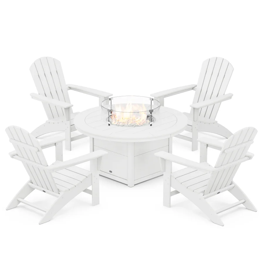 POLYWOOD Nautical 5-Piece Adirondack Chair Conversation Set with Fire Pit Table in White