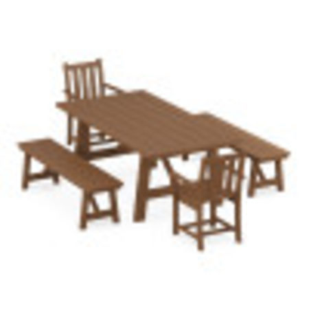 Traditional Garden 5-Piece Rustic Farmhouse Dining Set With Trestle Legs in Teak