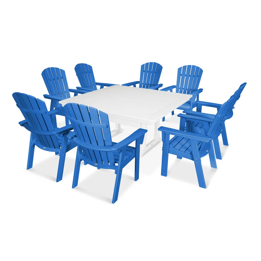 POLYWOOD Nautical Adirondack 9-Piece Trestle Dining Set in Pacific Blue / White