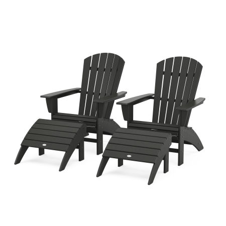 Nautical Curveback Adirondack Chair 4-Piece Set with Ottomans in Black