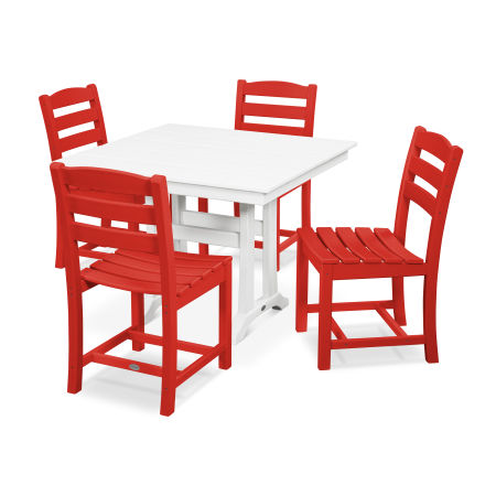 La Casa Café 5-Piece Farmhouse Trestle Side Chair Dining Set in Sunset Red / White