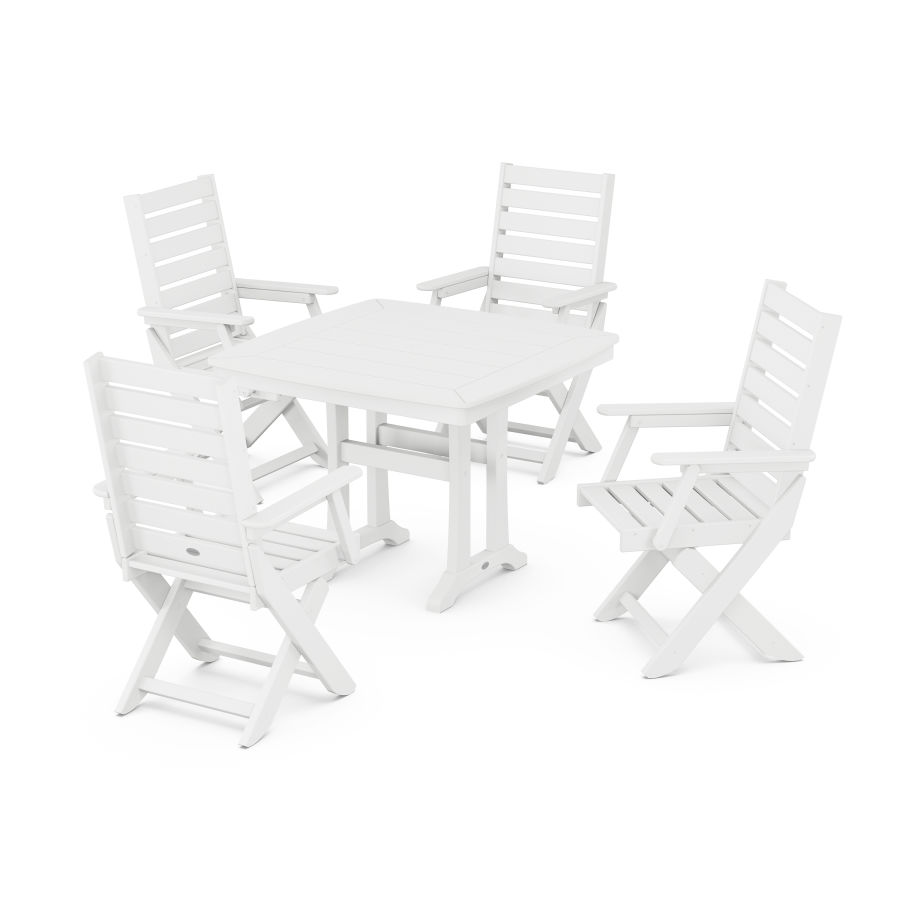 POLYWOOD Captain Folding Chair 5-Piece Dining Set with Trestle Legs in White