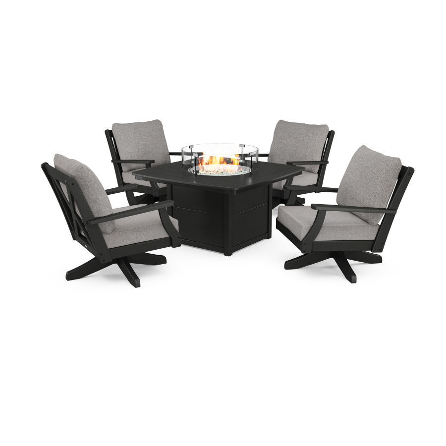 POLYWOOD Braxton 5-Piece Deep Seating Swivel Conversation Set with Fire Pit Table in Black / Grey Mist