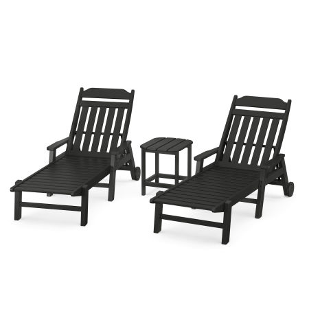 Country Living 3-Piece Chaise Set with Arms and Wheels in Black