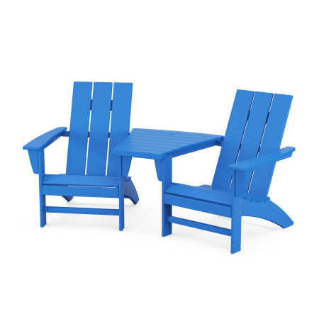 Modern 3-Piece Adirondack Set with Angled Connecting Table in Pacific Blue
