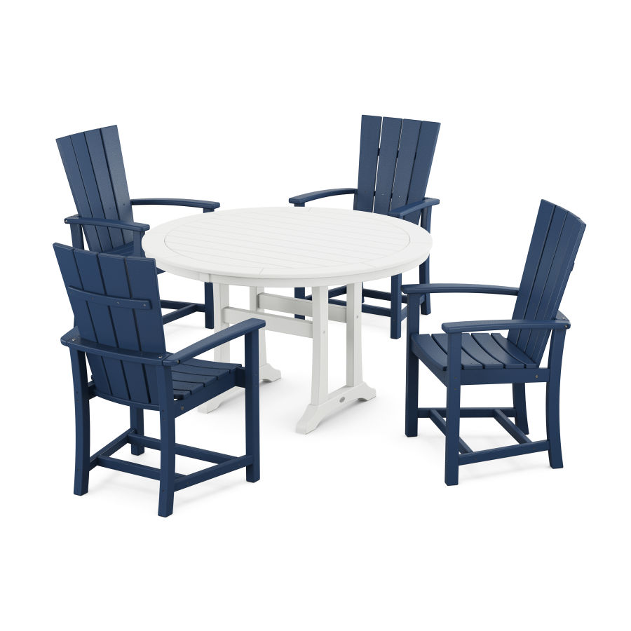 POLYWOOD Quattro 5-Piece Round Dining Set with Trestle Legs in Navy / White