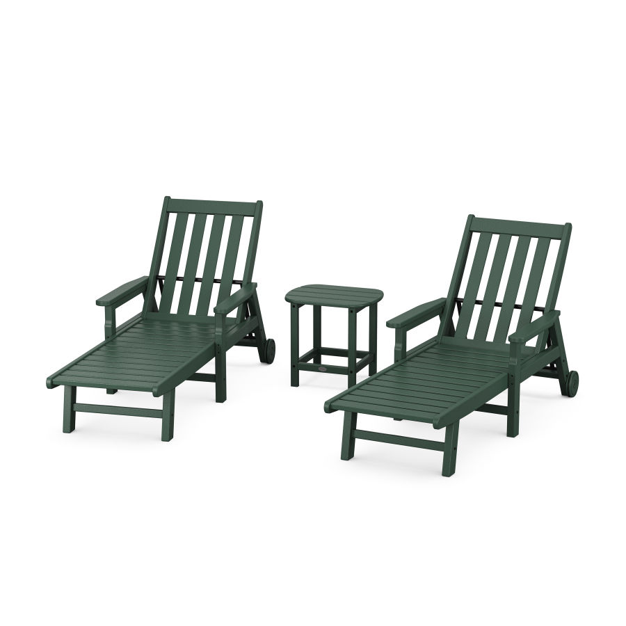 POLYWOOD Vineyard 3-Piece Chaise with Arms and Wheels Set in Green
