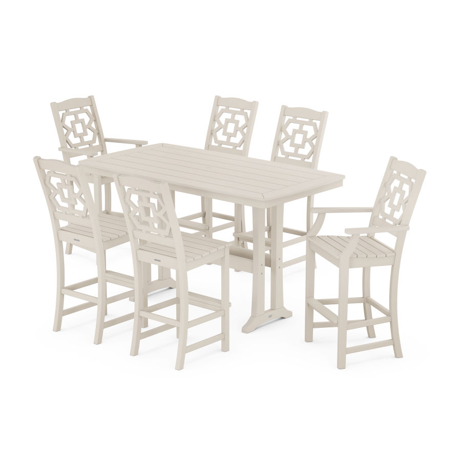 POLYWOOD Chinoiserie 7-Piece Bar Set with Trestle Legs in Sand