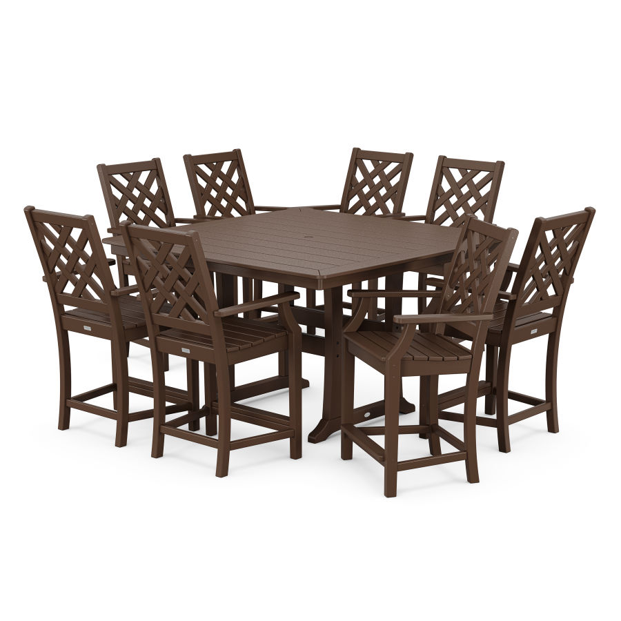 POLYWOOD Wovendale 9-Piece Square Counter Set with Trestle Legs in Mahogany