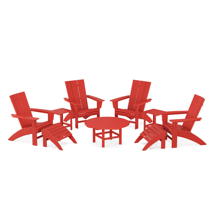 POLYWOOD Modern Curveback Adirondack Chair 9-Piece Conversation Set in Sunset Red
