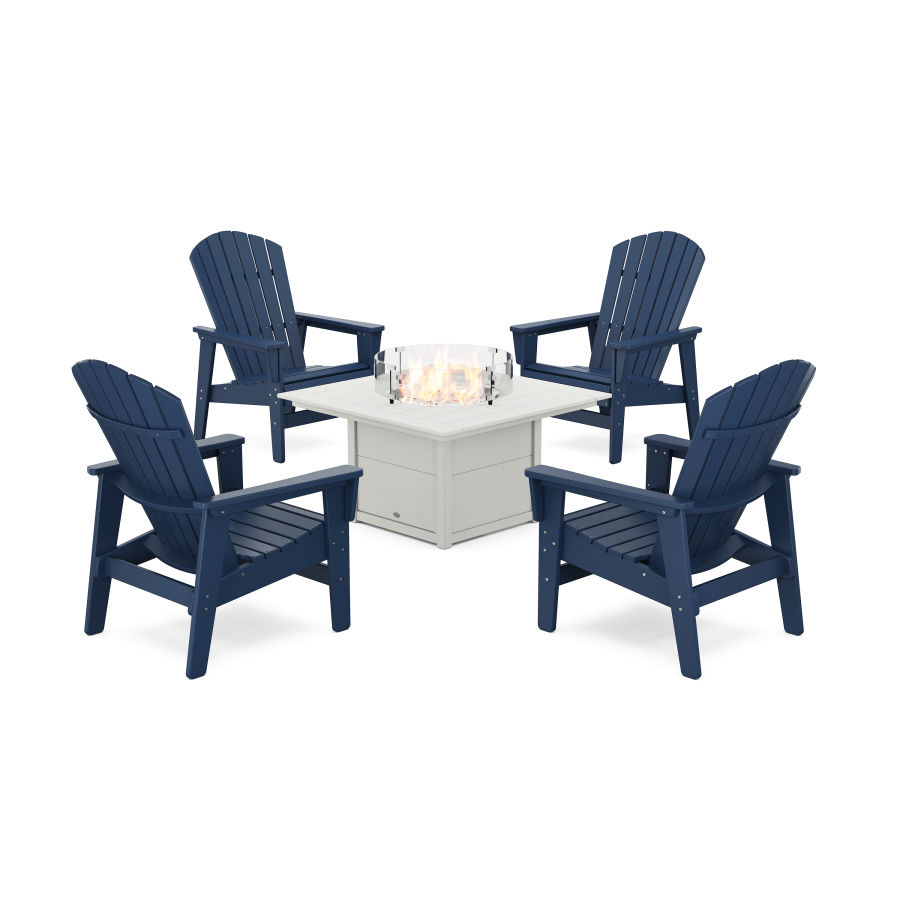 POLYWOOD 5-Piece Nautical Grand Upright Adirondack Conversation Set with Fire Pit Table in Navy / White