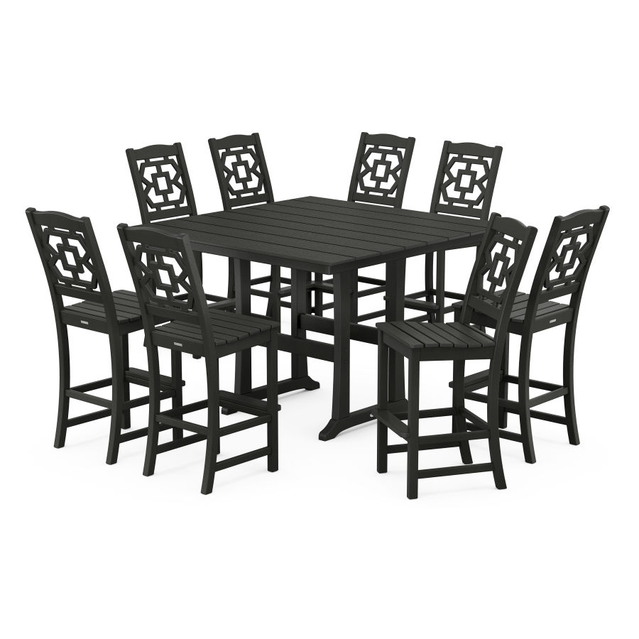 POLYWOOD Chinoiserie 9-Piece Square Farmhouse Side Chair Bar Set with Trestle Legs in Black