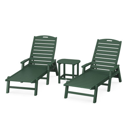 Nautical 3-Piece Chaise Lounge with Arms Set with South Beach 18" Side Table in Green