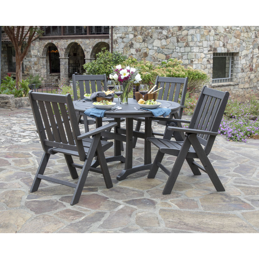 Vineyard Folding Chair 5-Piece Round Dining Set with Trestle Legs in Vintage Finish