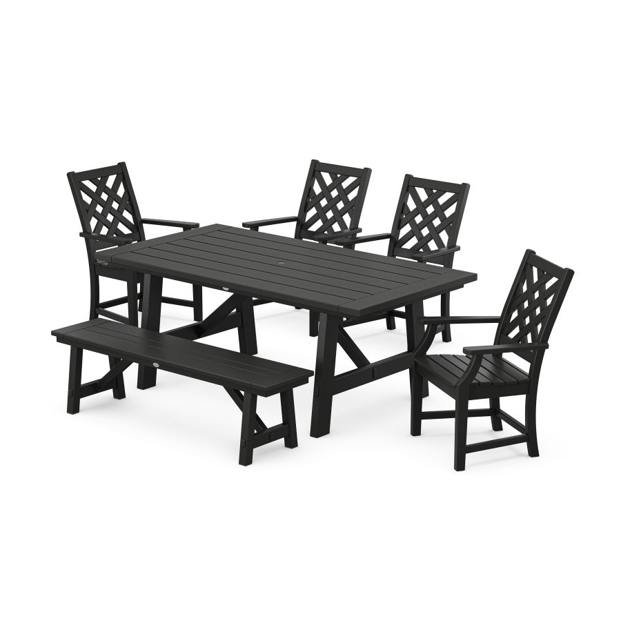 POLYWOOD Wovendale 6-Piece Rustic Farmhouse Dining Set with Bench in Black