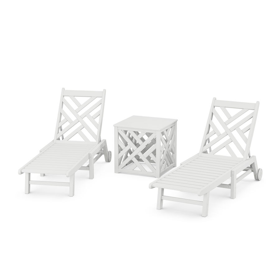 POLYWOOD Chippendale 3-Piece Chaise Set with Wheels and Umbrella Stand Accent Table in White