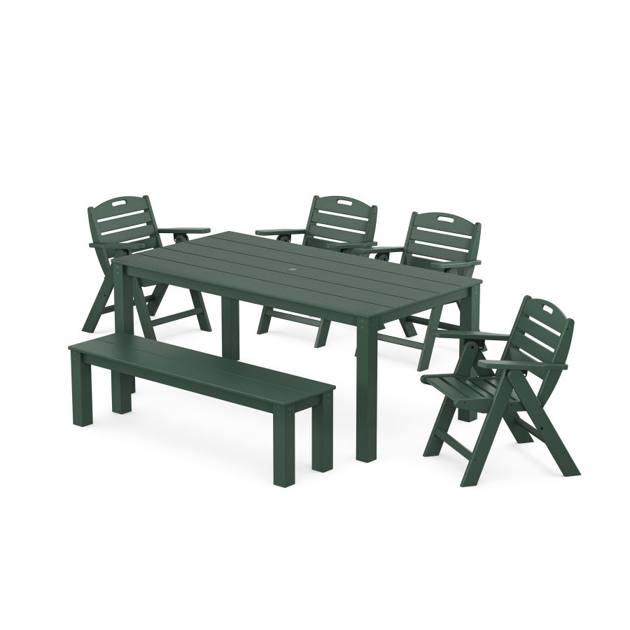 POLYWOOD Nautical Folding Lowback Chair 6-Piece Parsons Dining Set with Bench in Green