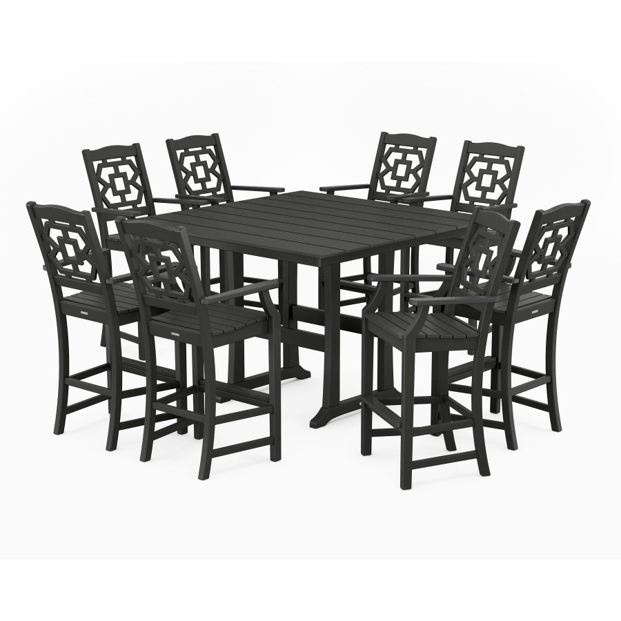 POLYWOOD Chinoiserie 9-Piece Square Farmhouse Bar Set with Trestle Legs in Black