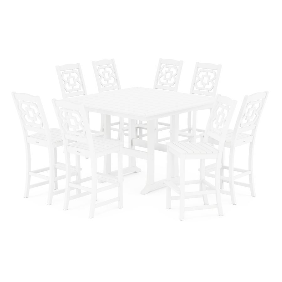 POLYWOOD Chinoiserie 9-Piece Square Side Chair Bar Set with Trestle Legs in White