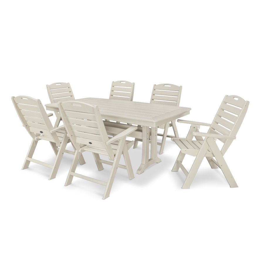 POLYWOOD Nautical Folding Highback Chair 7-Piece Dining Set with Trestle Legs in Sand