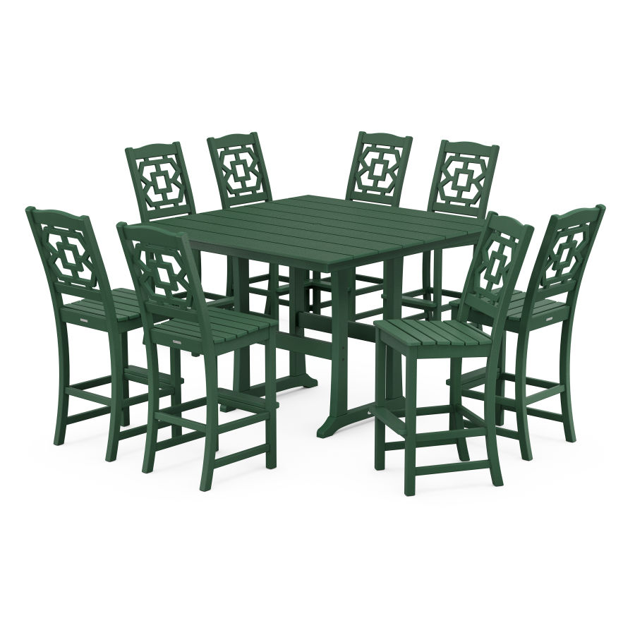 POLYWOOD Chinoiserie 9-Piece Square Farmhouse Side Chair Bar Set with Trestle Legs in Green