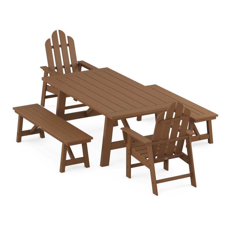 POLYWOOD Long Island 5-Piece Rustic Farmhouse Dining Set With Trestle Legs in Teak