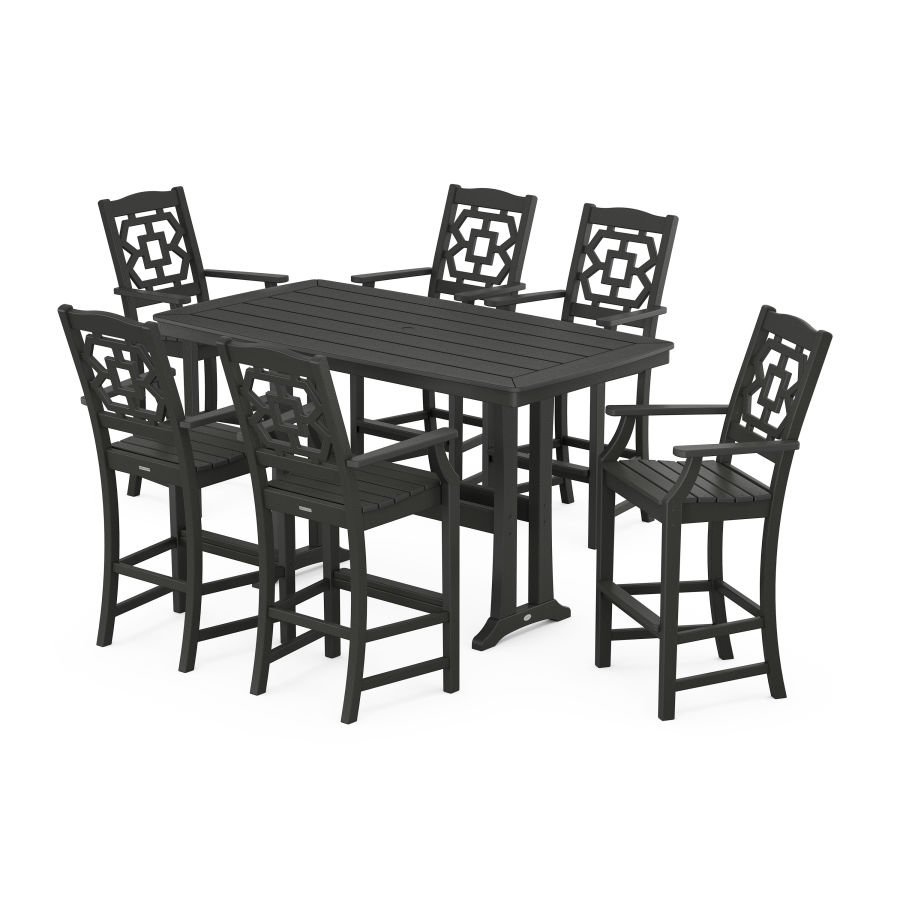 POLYWOOD Chinoiserie Arm Chair 7-Piece Bar Set with Trestle Legs in Black
