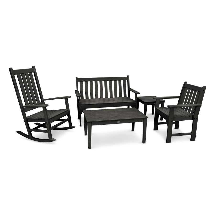 POLYWOOD Vineyard 5-Piece Bench & Rocking Chair Set in Black