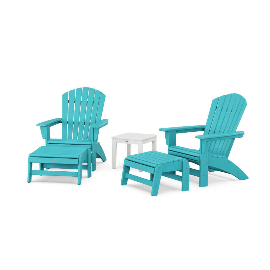 POLYWOOD 5-Piece Nautical Grand Adirondack Set with Ottomans and Side Table in Aruba / White