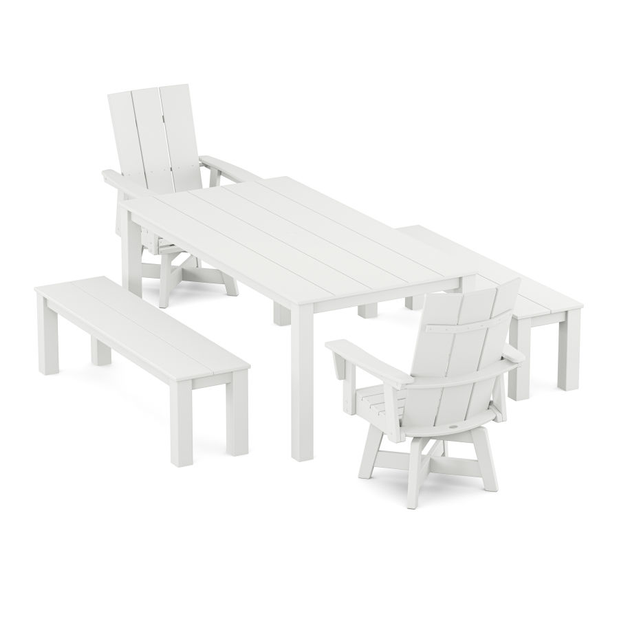 POLYWOOD Modern Curveback Adirondack 5-Piece Parsons Swivel Dining Set with Benches in White