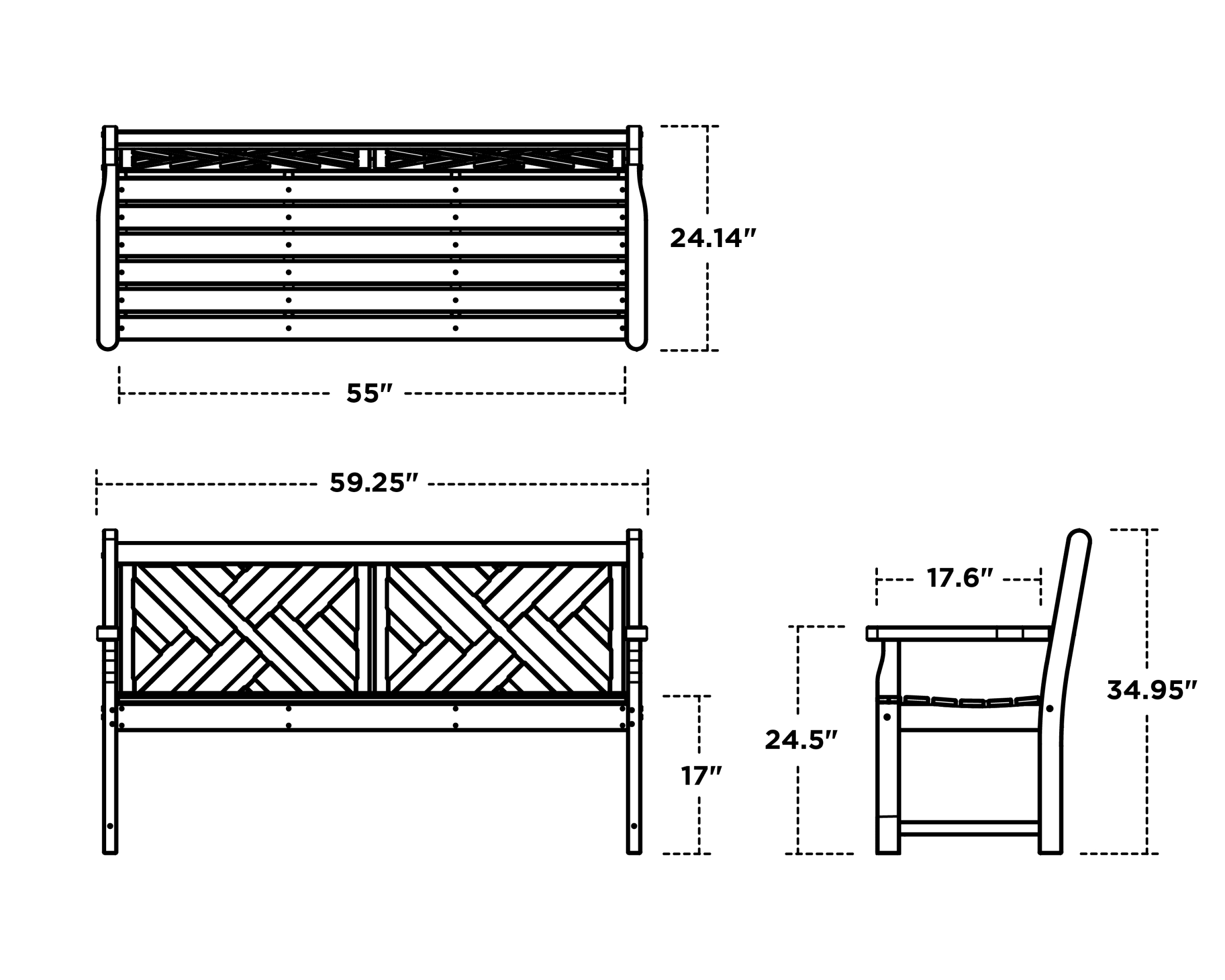 Dimensions for Chippendale 60" Bench
