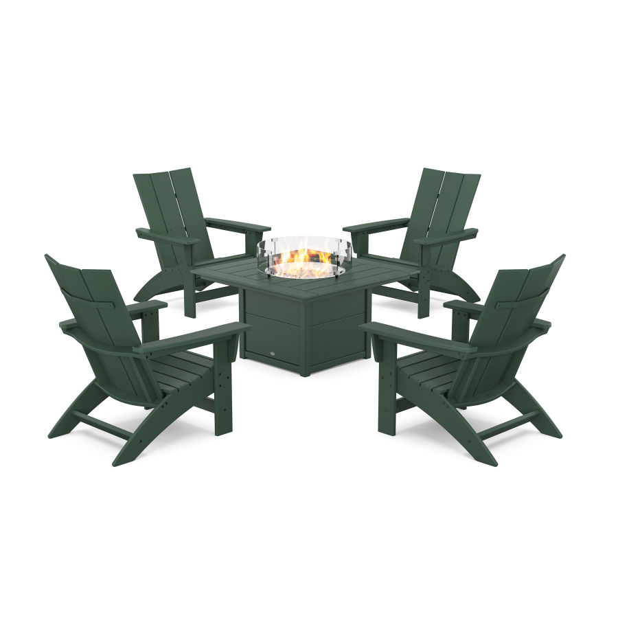 POLYWOOD 5-Piece Modern Grand Adirondack Conversation Set with Fire Pit Table in Green