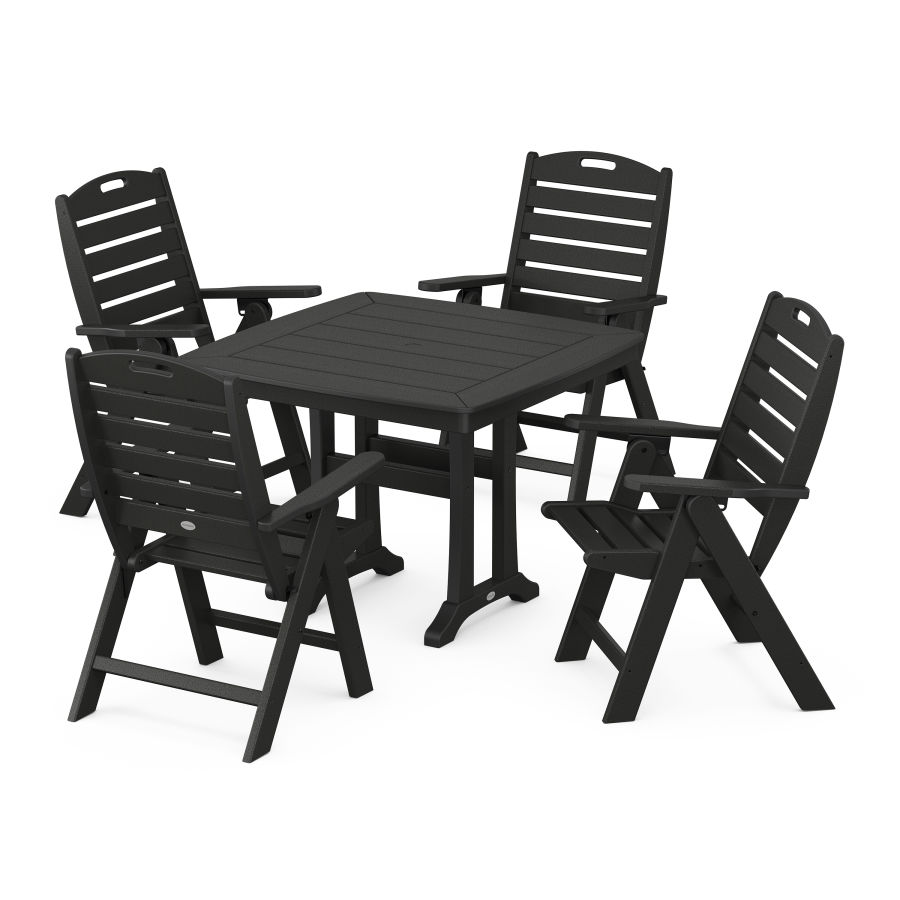 POLYWOOD Nautical Folding Highback Chair 5-Piece Dining Set with Trestle Legs in Black