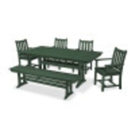 Traditional Garden 6-Piece Farmhouse Trestle Dining Set with Bench in Green