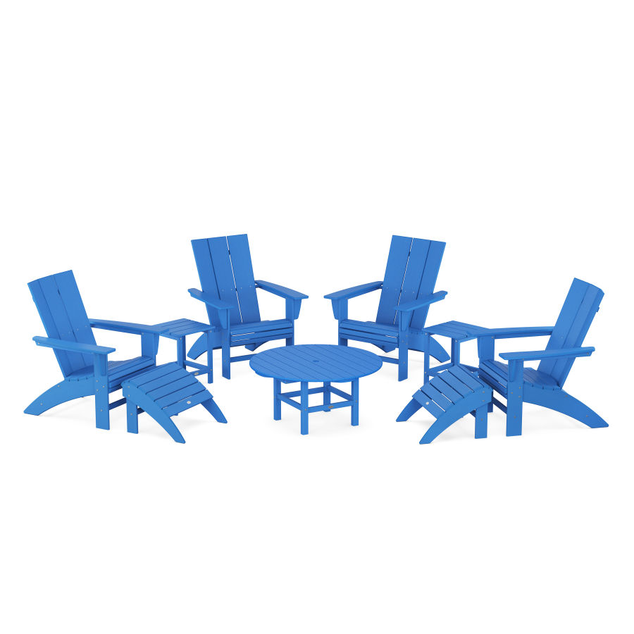 POLYWOOD Modern Curveback Adirondack Chair 9-Piece Conversation Set in Pacific Blue